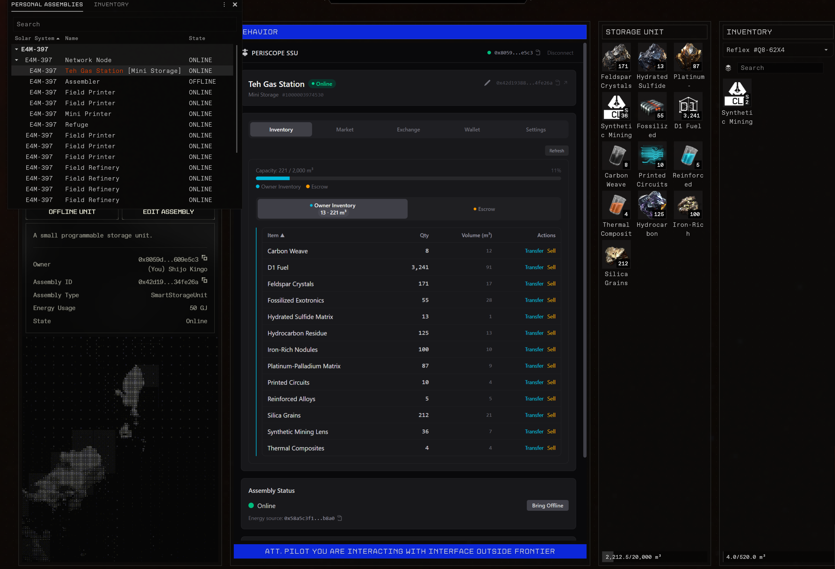 SSU dApp showing inventory and item management