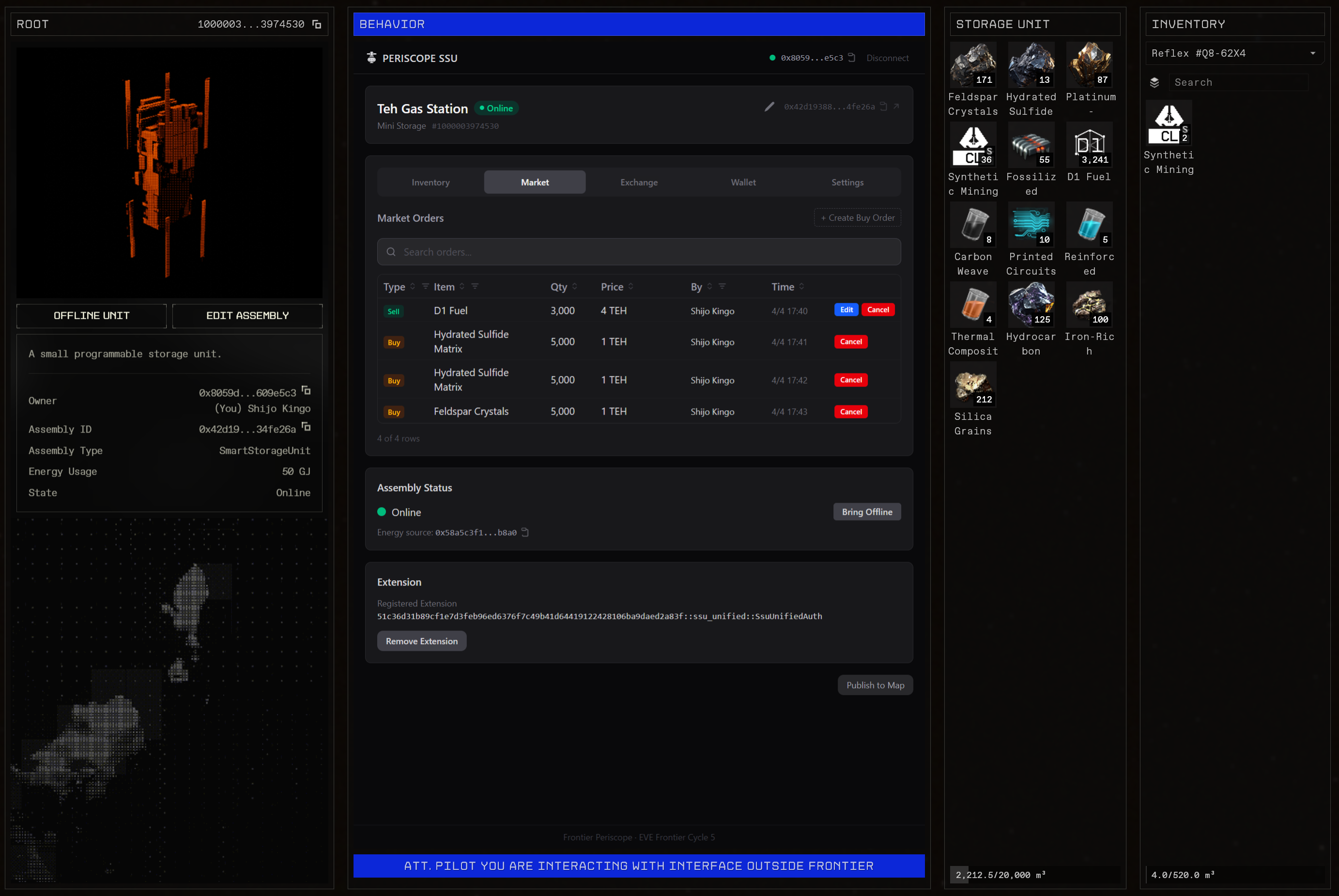 SSU dApp market tab with buy orders and sell listings