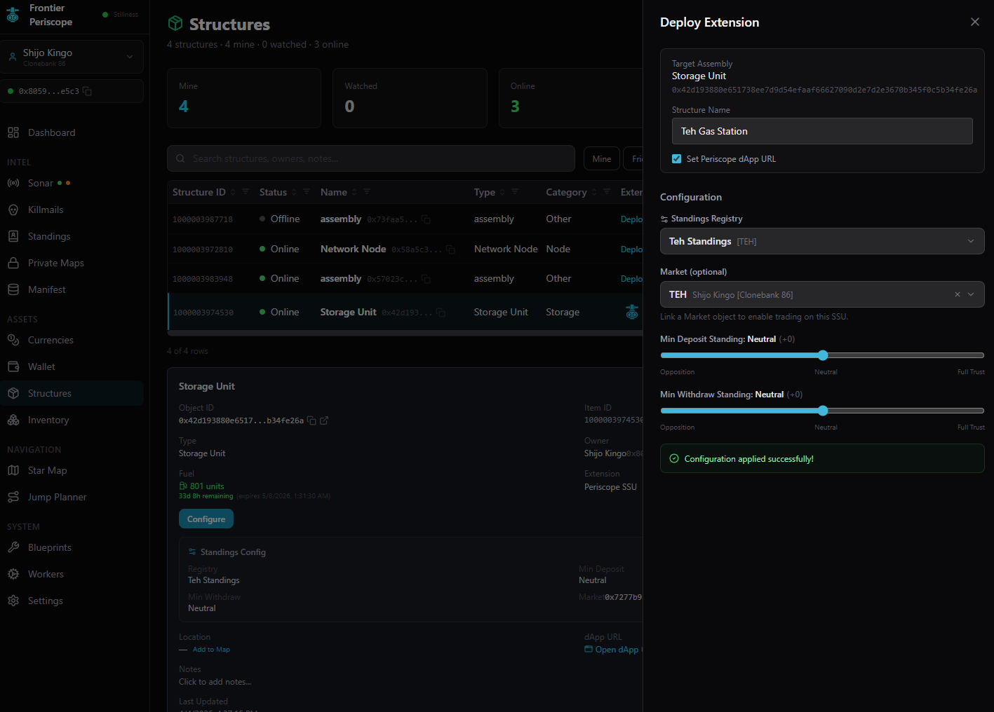 Deploy Extension panel with standings configuration