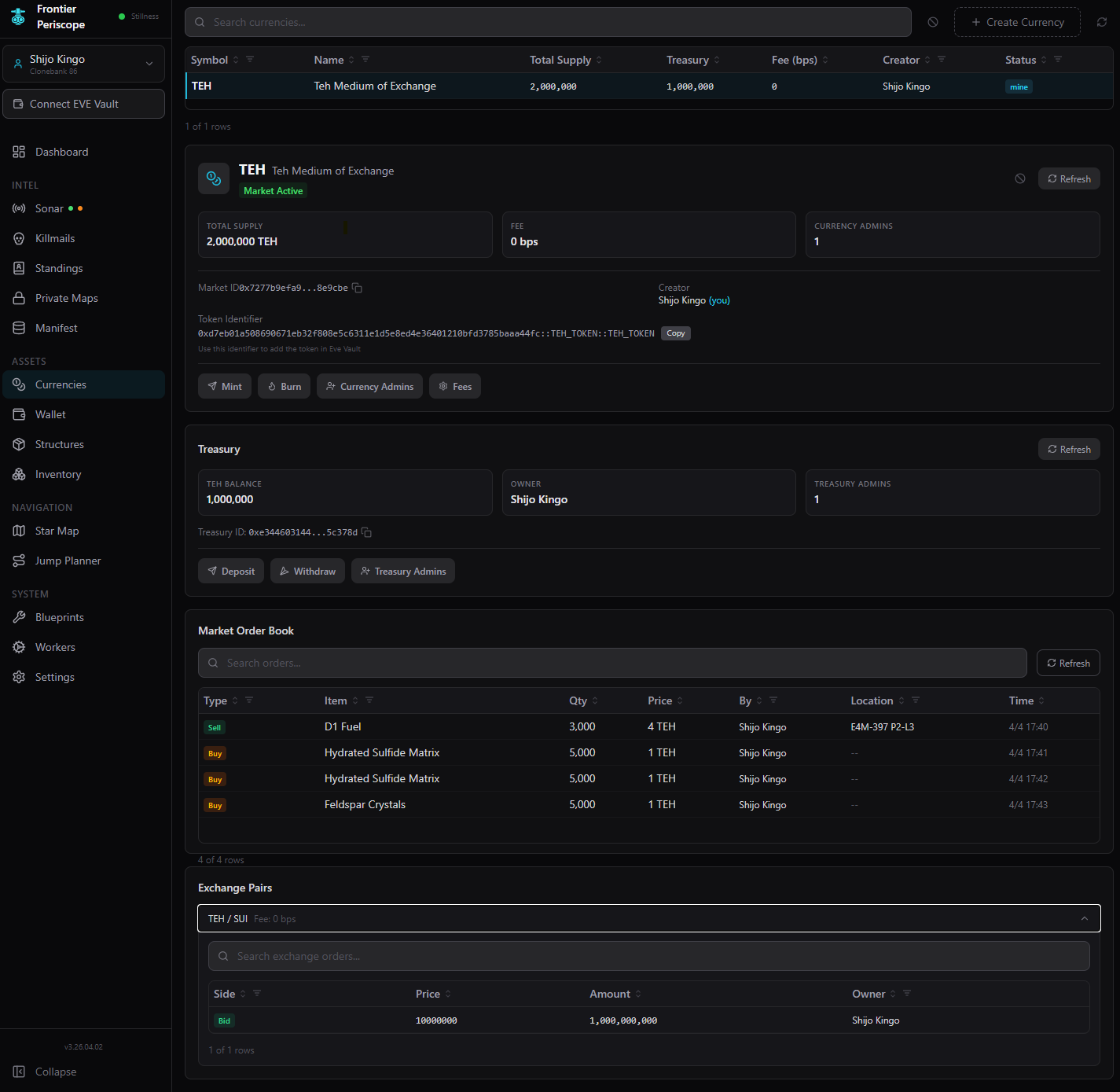 Currencies page showing custom token with treasury and market