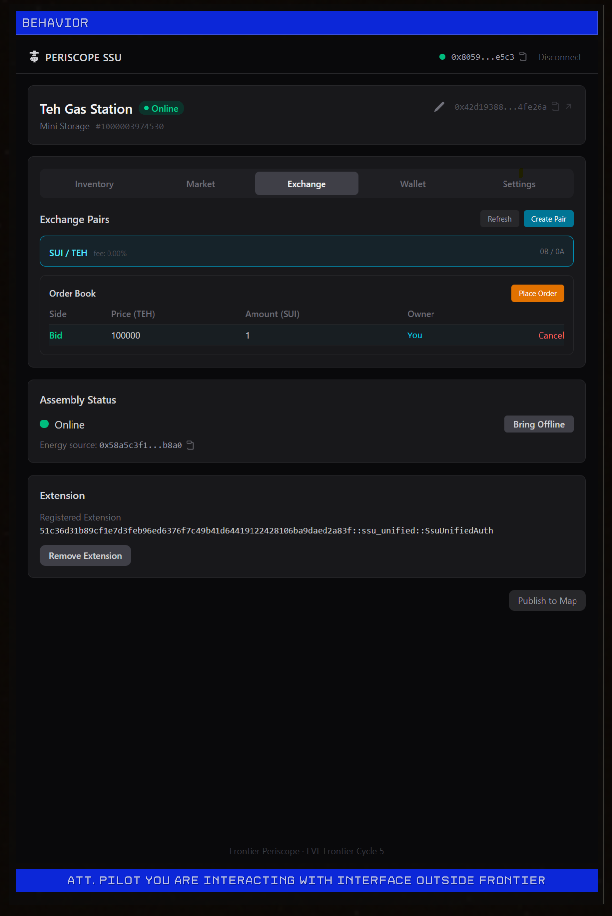 Exchange tab with SUI/TEH trading pair