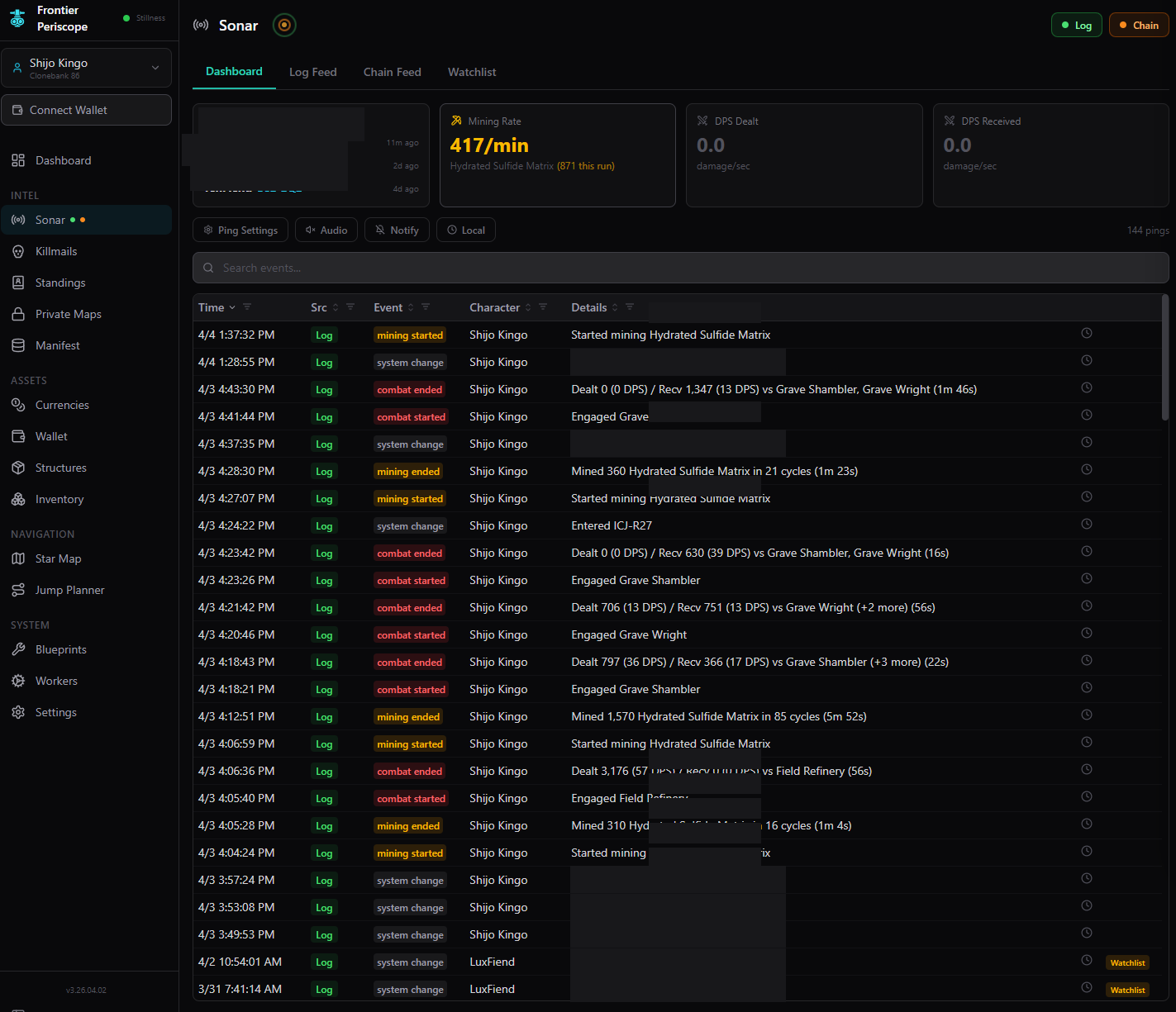 Sonar dashboard with mining rate and combat events