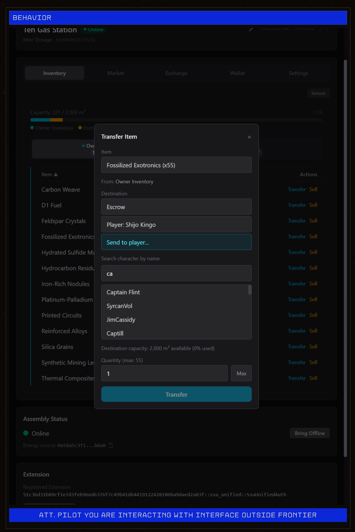 Player-to-player item transfer dialog